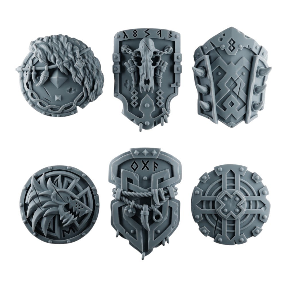 CT Miniatures UK set of six 3D printed grey resin space viking shields with intricate nordic and skull details