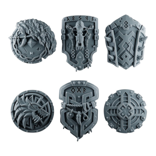 CT Miniatures UK set of six 3D printed grey resin space viking shields with intricate nordic and skull details