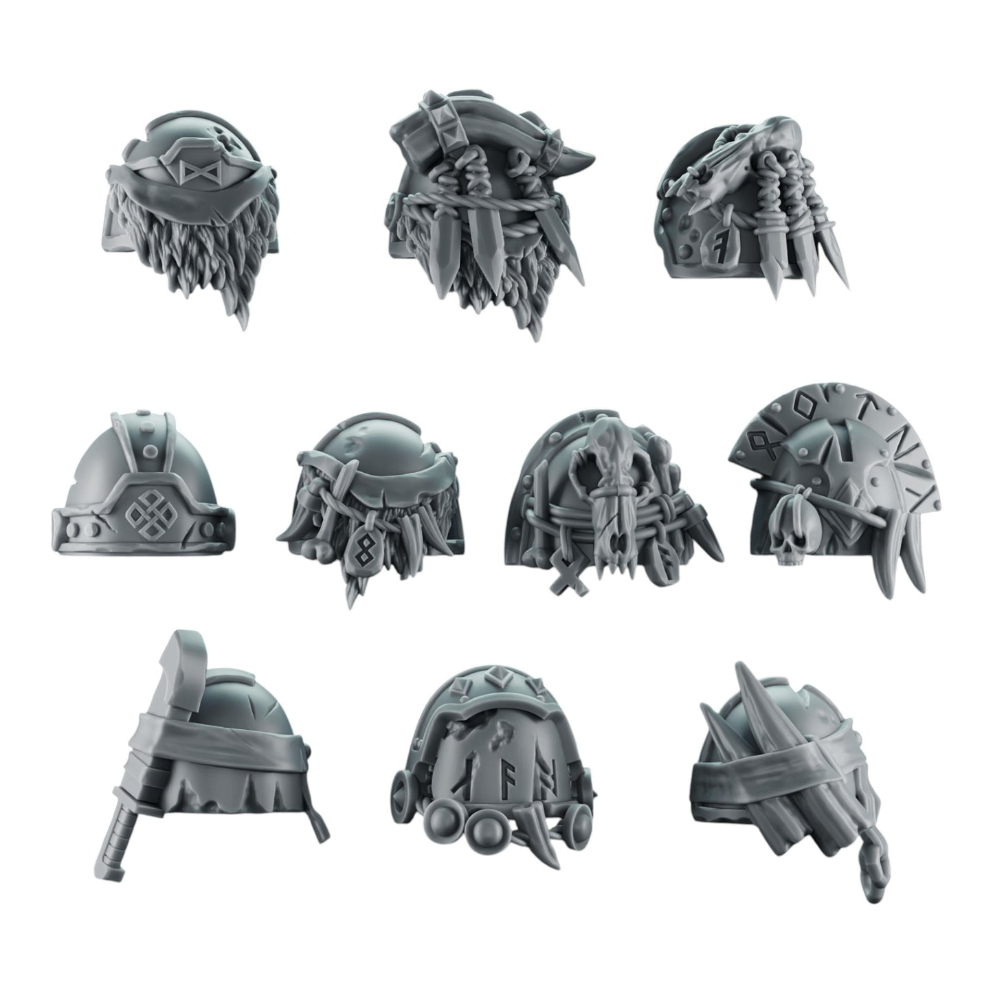 CT Miniatures UK 3D printed grey resin Space Viking shoulder pads with intricate Norse-inspired carvings and details.