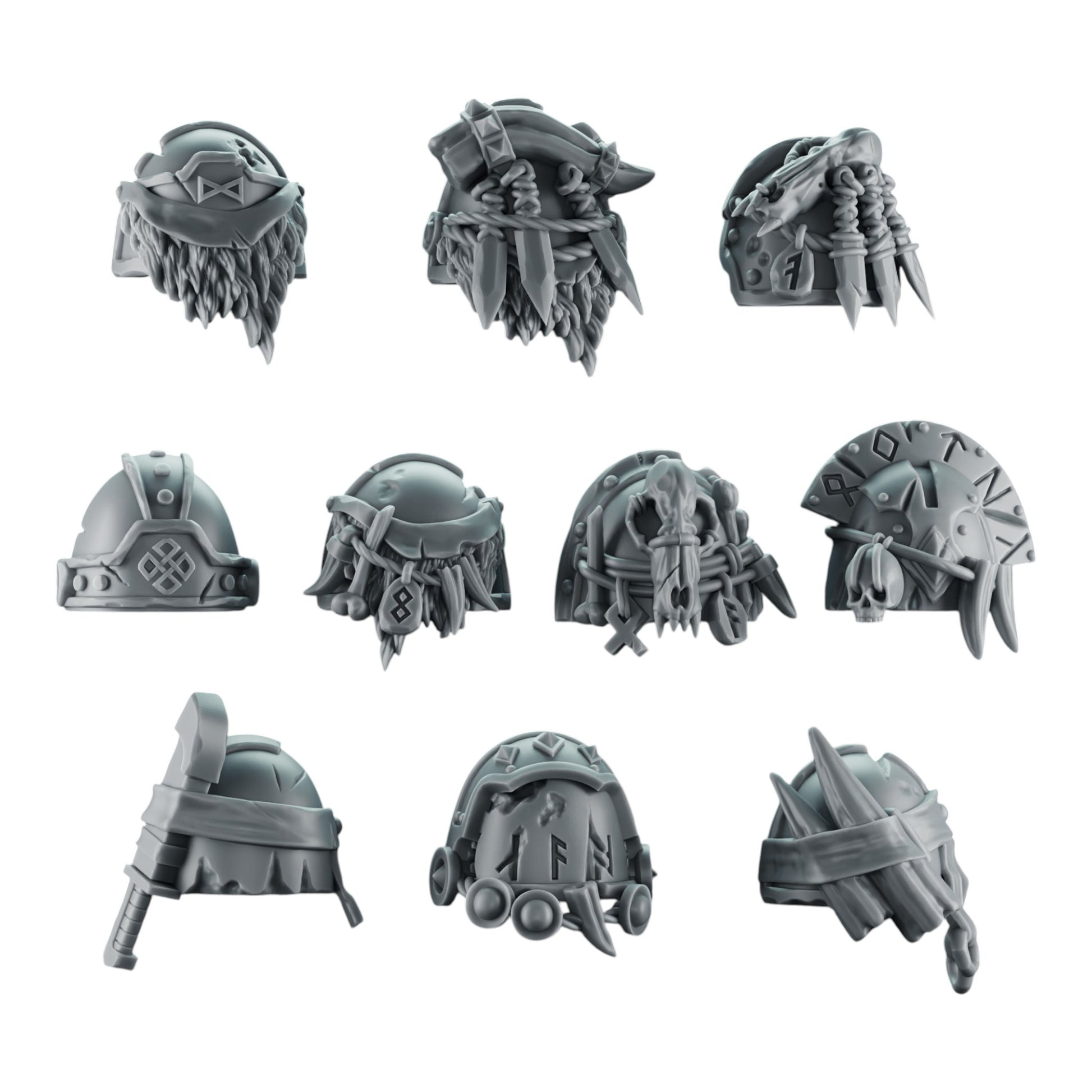 CT Miniatures UK 3D printed grey resin Space Viking shoulder pads with intricate Norse-inspired carvings and details.