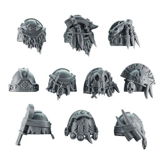 CT Miniatures UK 3D printed grey resin Space Viking shoulder pads with intricate Norse-inspired carvings and details.