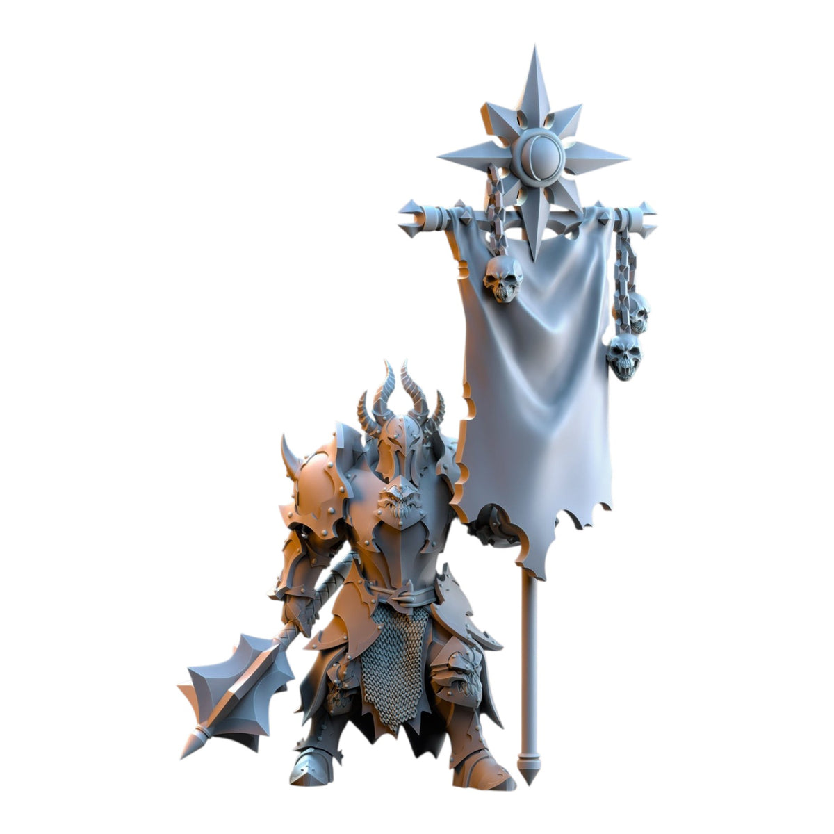 CT Miniatures UK 3D printed grey resin fantasy wargaming miniature of a standard bearer knight with horned helmet