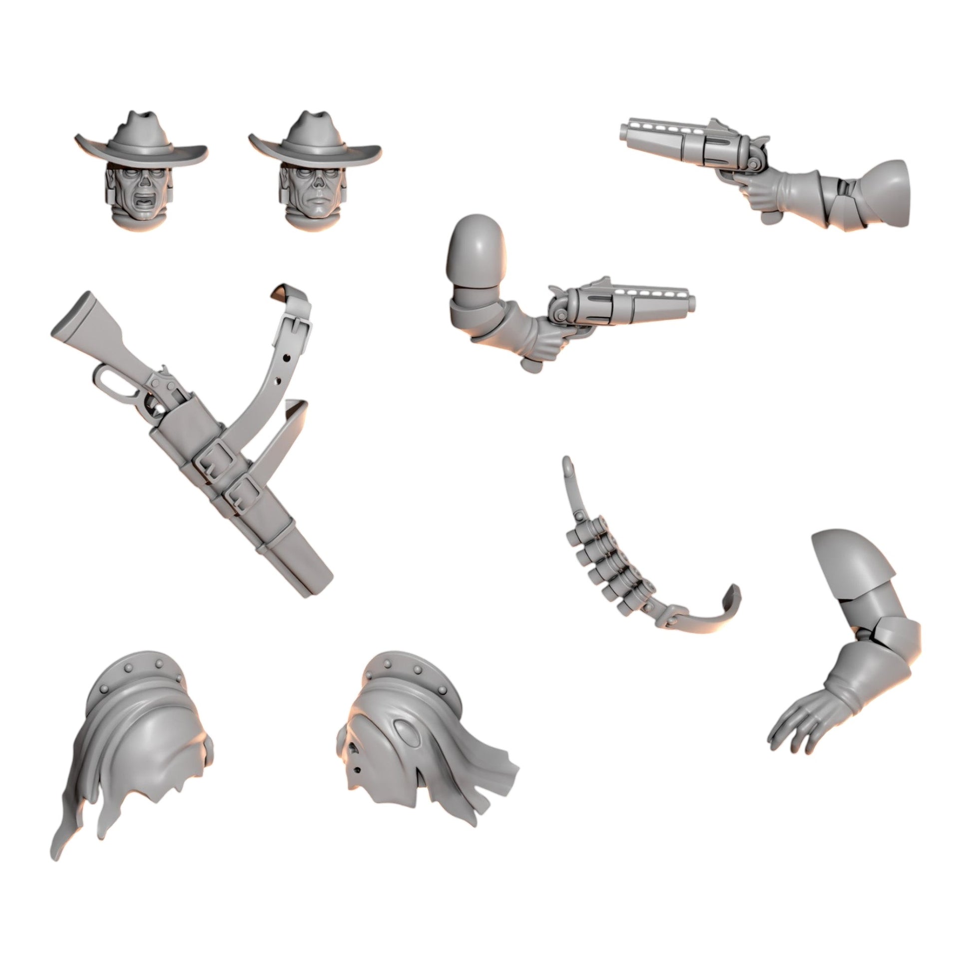 CT Miniatures UK The Outlaw conversion bits for 32mm sci-fi miniatures including cowboy heads, pistols, and pauldrons.