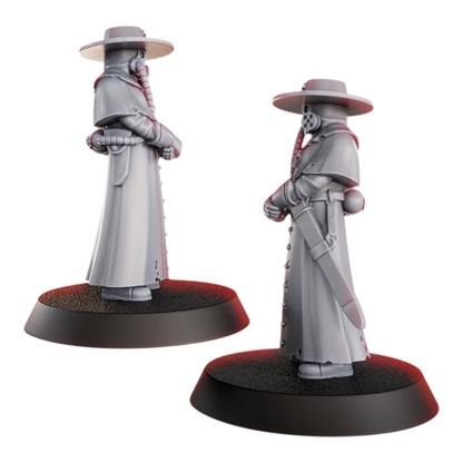 CT Miniatures UK grey resin miniature of Torquemada's Priest in a long coat, hat, and mask, with a sword. 32mm scale.