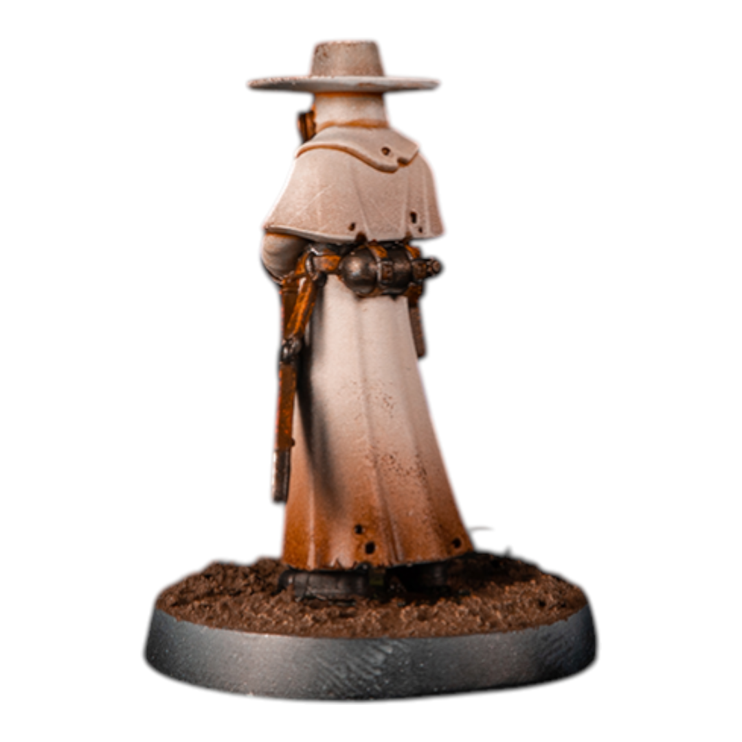 CT Miniatures UK Torquemada's Priest miniature, a grimdark figure in a tan robe and wide-brimmed hat, holding a rifle.