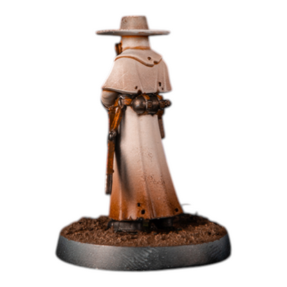 CT Miniatures UK Torquemada's Priest miniature, a grimdark figure in a tan robe and wide-brimmed hat, holding a rifle.