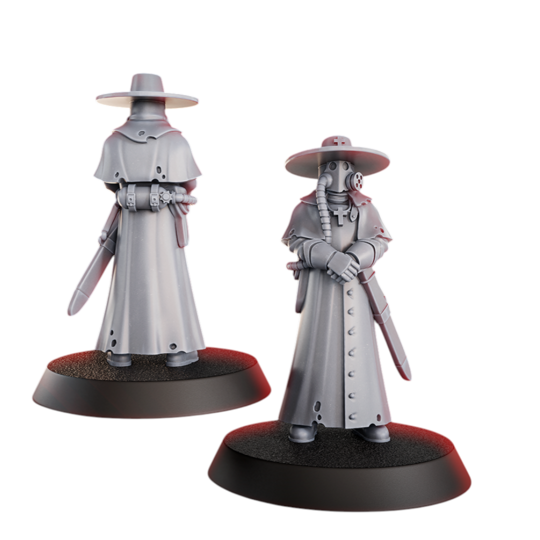 CT Miniatures UK Torquemada's Priest miniature, grey resin, wearing a long coat, hat, and gas mask, holding a sword.