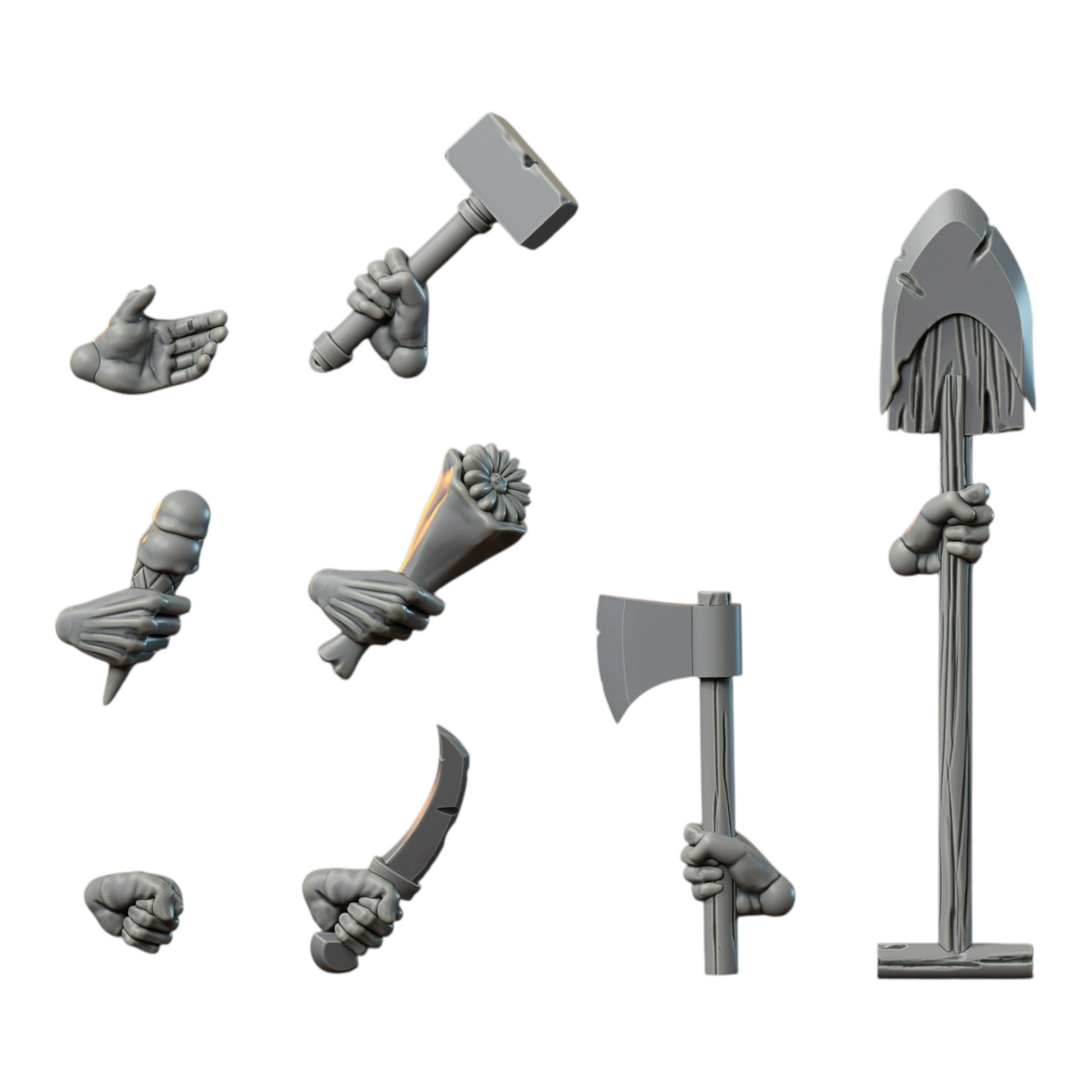 CT Miniatures UK Undead Warband resin miniatures: hammer, axe, scythe, shovel, bouquet, and hands.