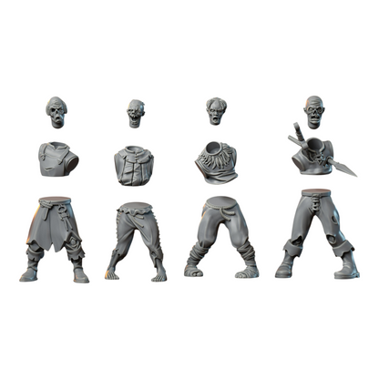 CT Miniatures UK Undead Warband multipart resin miniatures set with zombie heads, torsos, and legs for wargames.
