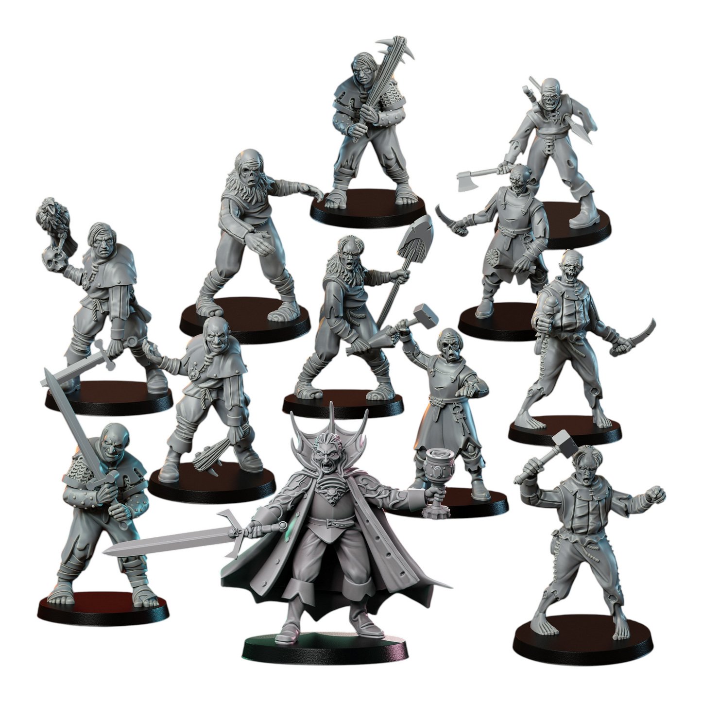 CT Miniatures UK Undead Warband: vampire lord, zombies, and warriors with weapons, made of ABS-like resin for wargames.