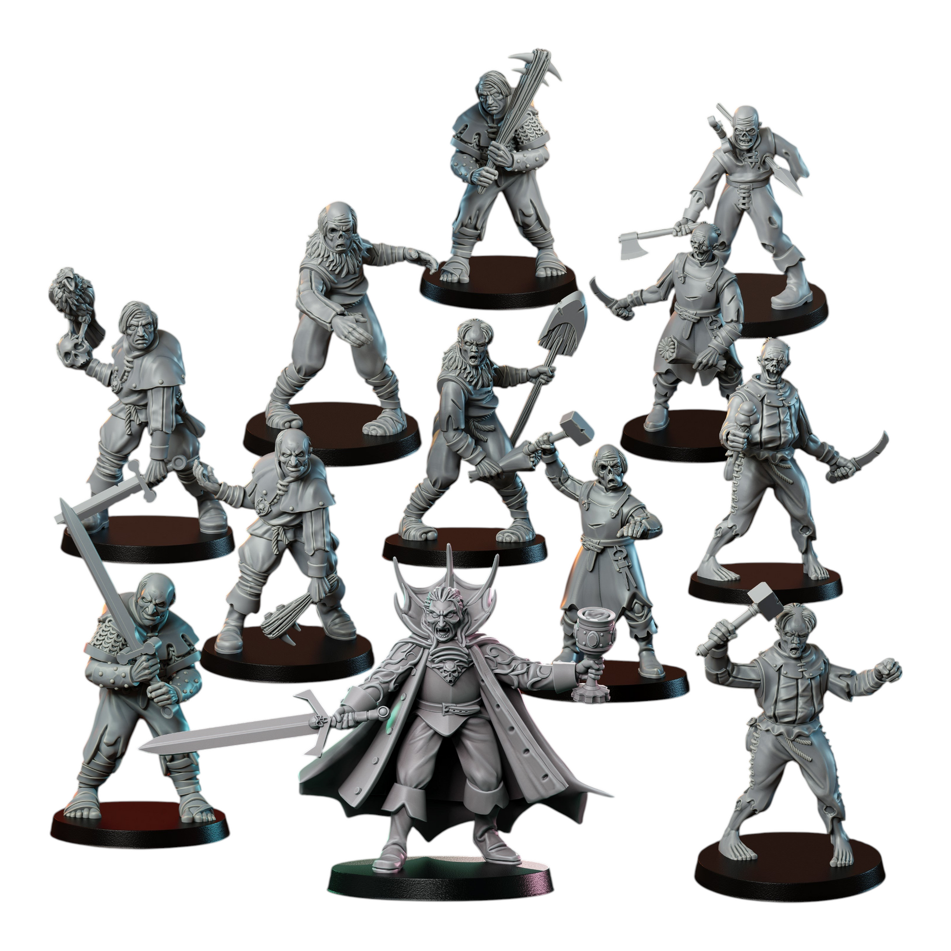 CT Miniatures UK Undead Warband: vampire lord, zombies, and warriors with weapons, made of ABS-like resin for wargames.