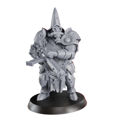 CT Miniatures UK Verdugo Inquisitorial miniature with machinegun, gas mask, and pointed helmet. 36.5mm height.