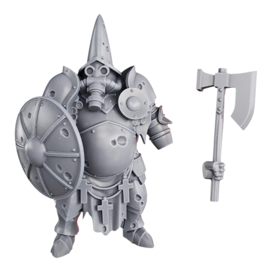 CT Miniatures UK Verdugo Inquisitorial miniature with sword and shield, grey resin, gas mask, and cross details.