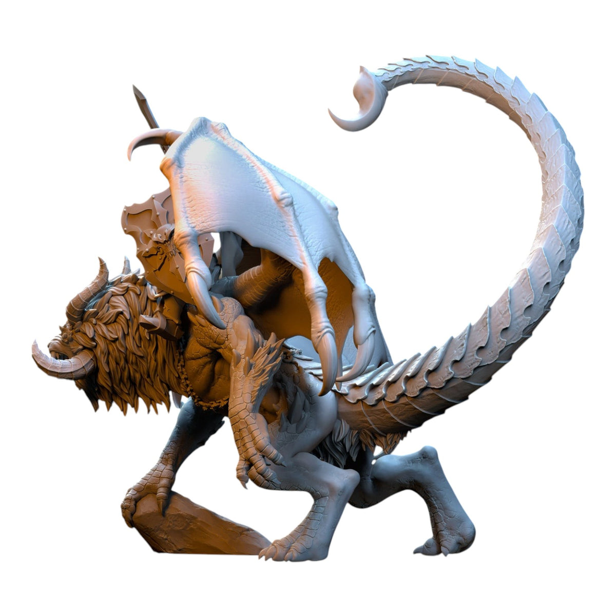 CT Miniatures UK 3D printed grey resin Vrolok on Manticore fantasy wargaming miniature with detailed wings and tail.