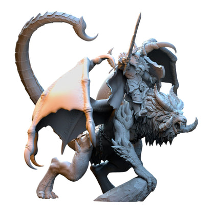 CT Miniatures UK 3D printed grey resin Vrolok warrior riding a winged manticore fantasy wargaming miniature