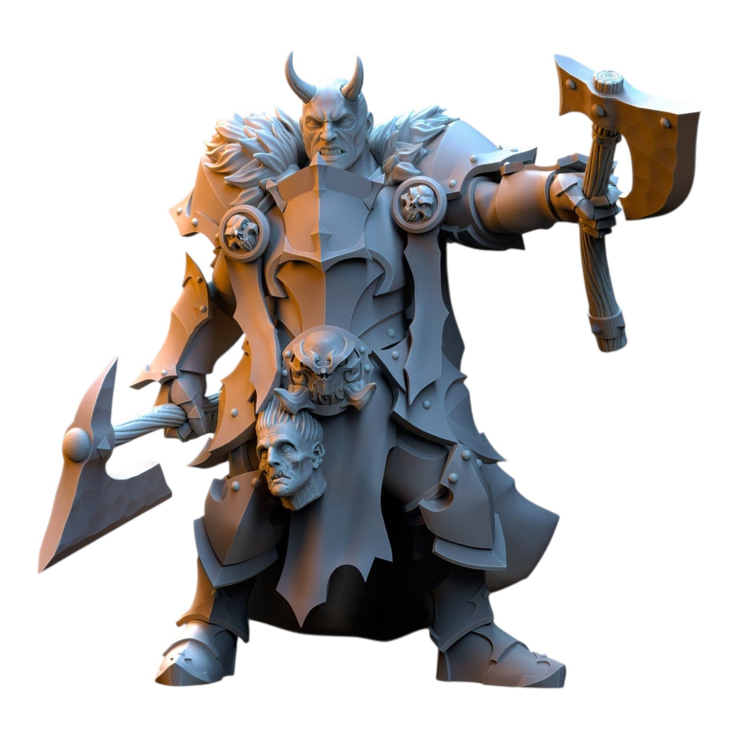 CT Miniatures UK 32mm grey resin warrior miniature with horned helmet, heavy plate armor, and dual axes for tabletop games