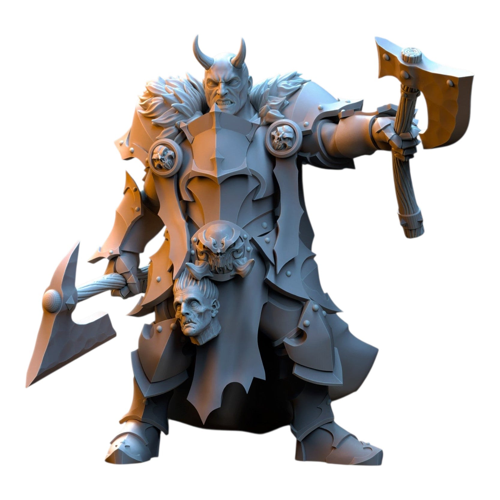 CT Miniatures UK 32mm grey resin warrior miniature with horned helmet, heavy plate armor, and dual axes for tabletop games