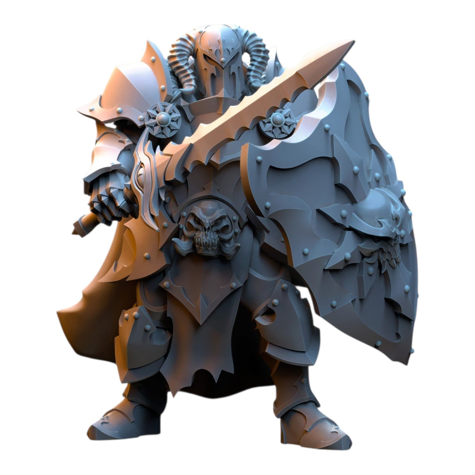 CT Miniatures UK 32mm fantasy warrior miniature in grey resin, featuring horned helmet, sword, and skull-adorned shield.