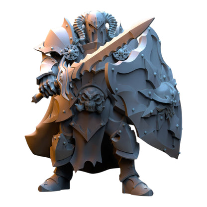 CT Miniatures UK 32mm fantasy warrior miniature in grey resin, featuring horned helmet, sword, and skull-adorned shield.