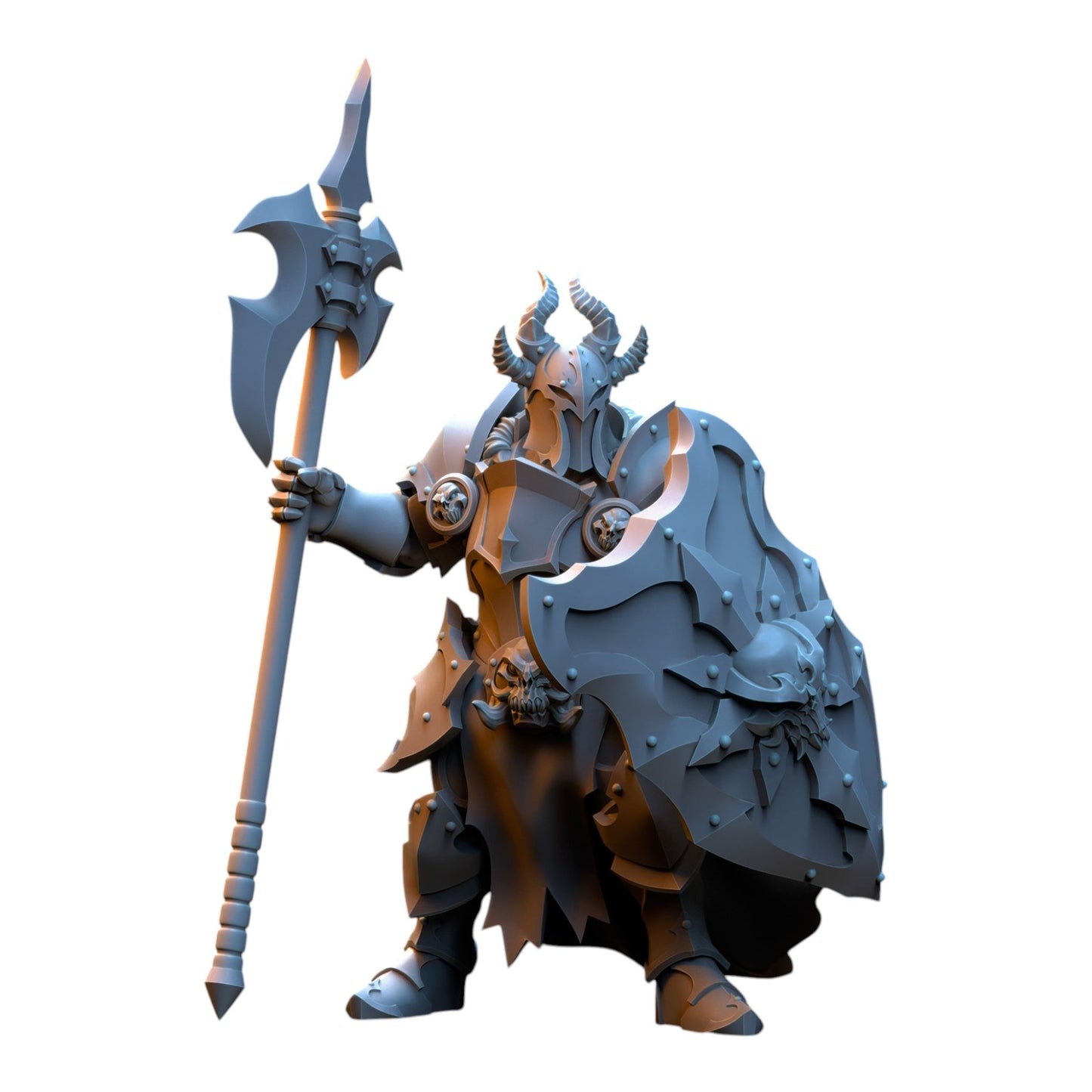 CT Miniatures UK 32mm grey resin fantasy warrior miniature with horned helmet, heavy plate armor, shield, and halberd.