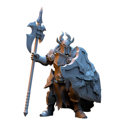 CT Miniatures UK 32mm grey resin fantasy warrior miniature with horned helmet, heavy plate armor, shield, and halberd.