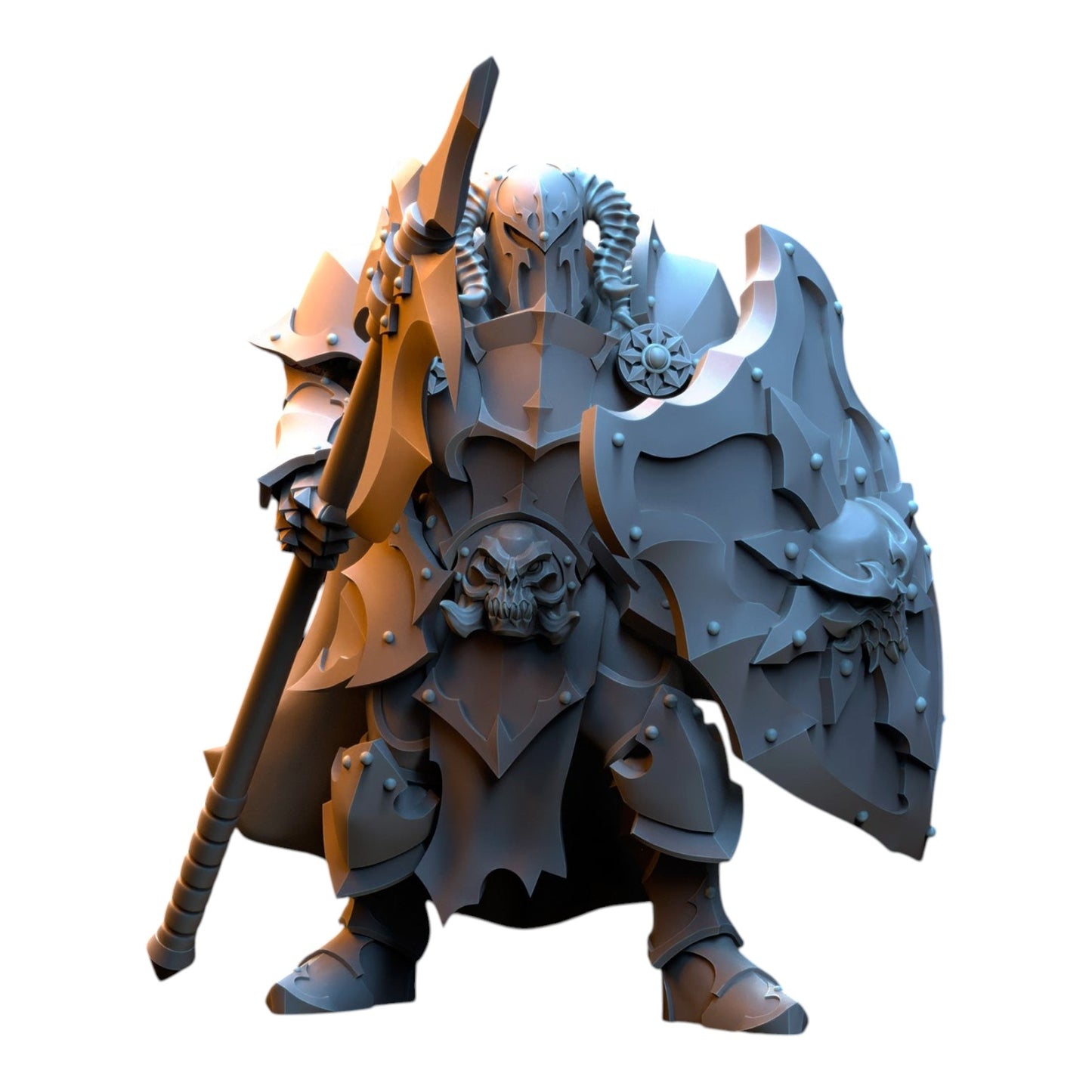 CT Miniatures UK 32mm grey resin fantasy warrior miniature holding a halberd and skull-adorned shield