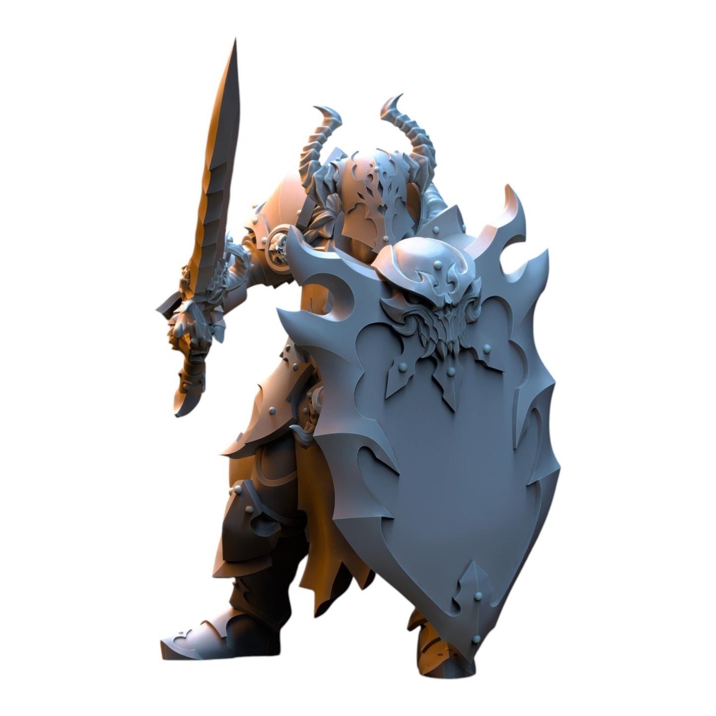 CT Miniatures UK 3D printed fantasy warrior miniature in grey resin, featuring horned helmet, sword, and ornate shield.