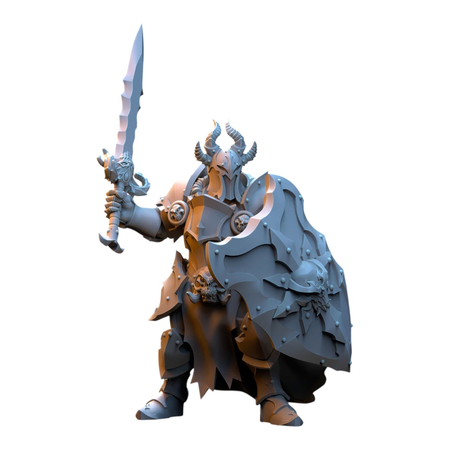 CT Miniatures UK 32mm fantasy warrior miniature in grey resin, featuring horned helmet, sword, and skull shield.