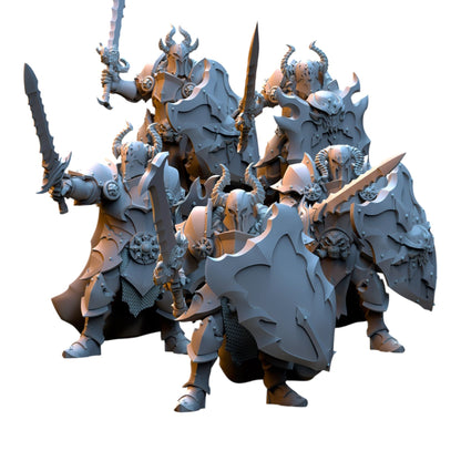 CT Miniatures UK set of five 32mm grey resin fantasy warrior miniatures with horned helmets, swords, and shields.