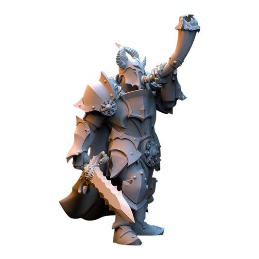 CT Miniatures UK 3D printed grey resin fantasy warrior musician miniature with horn and sword in semi-matte finish