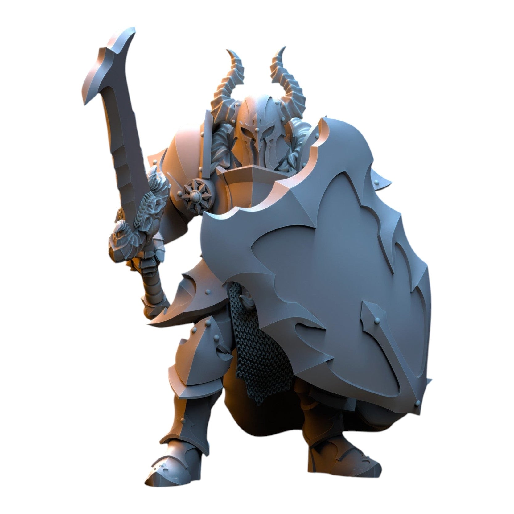 CT Miniatures UK 3D printed grey resin fantasy warrior miniature with horned helmet, large sword, and spiked shield.