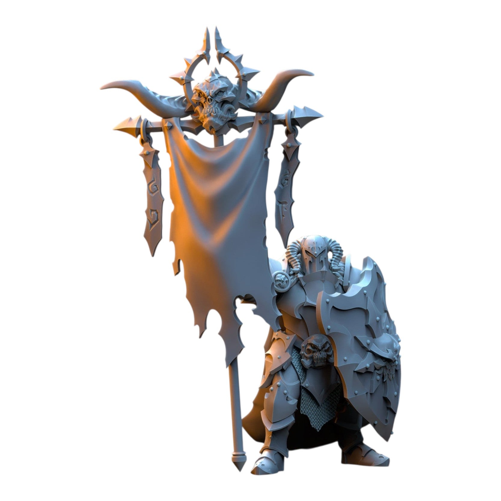 CT Miniatures UK 3D printed grey resin fantasy warrior standard bearer miniature with horned helmet and shield