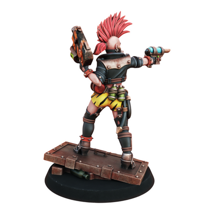 CT Miniatures UK Chembirds Gang miniature: punk female with red mohawk, holding two guns, wearing black jacket, yellow tiger print shorts, and black boots.