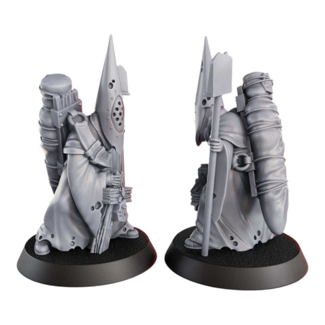 CT Miniatures UK Gravekeeper miniature, grimdark style, grey resin, 29mm height, with shovel and backpack.