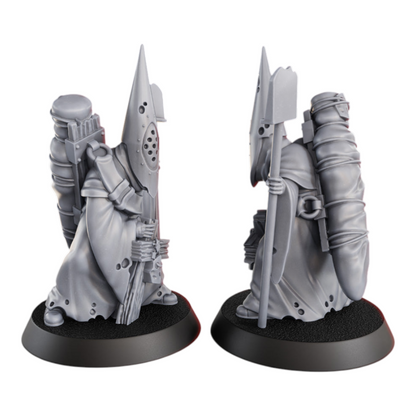 CT Miniatures UK Gravekeeper miniature, grimdark style, grey resin, 29mm height, with shovel and backpack.