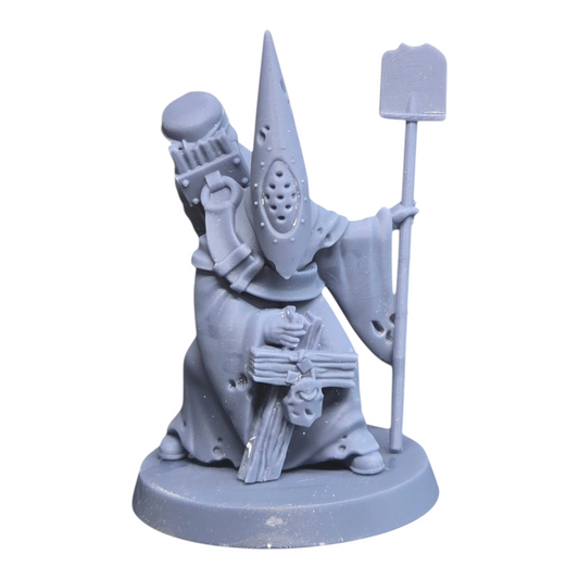 CT Miniatures UK Gravekeeper miniature, grey resin, hooded figure with shovel and skull cross.