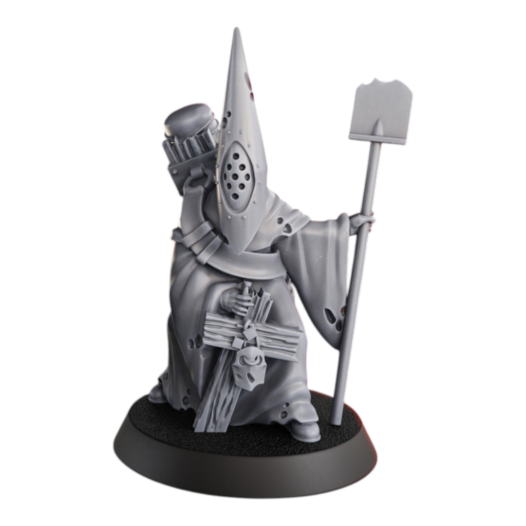 CT Miniatures UK Gravekeeper miniature, a grim figure in a hooded robe holding a shovel and a wooden cross with a skull.