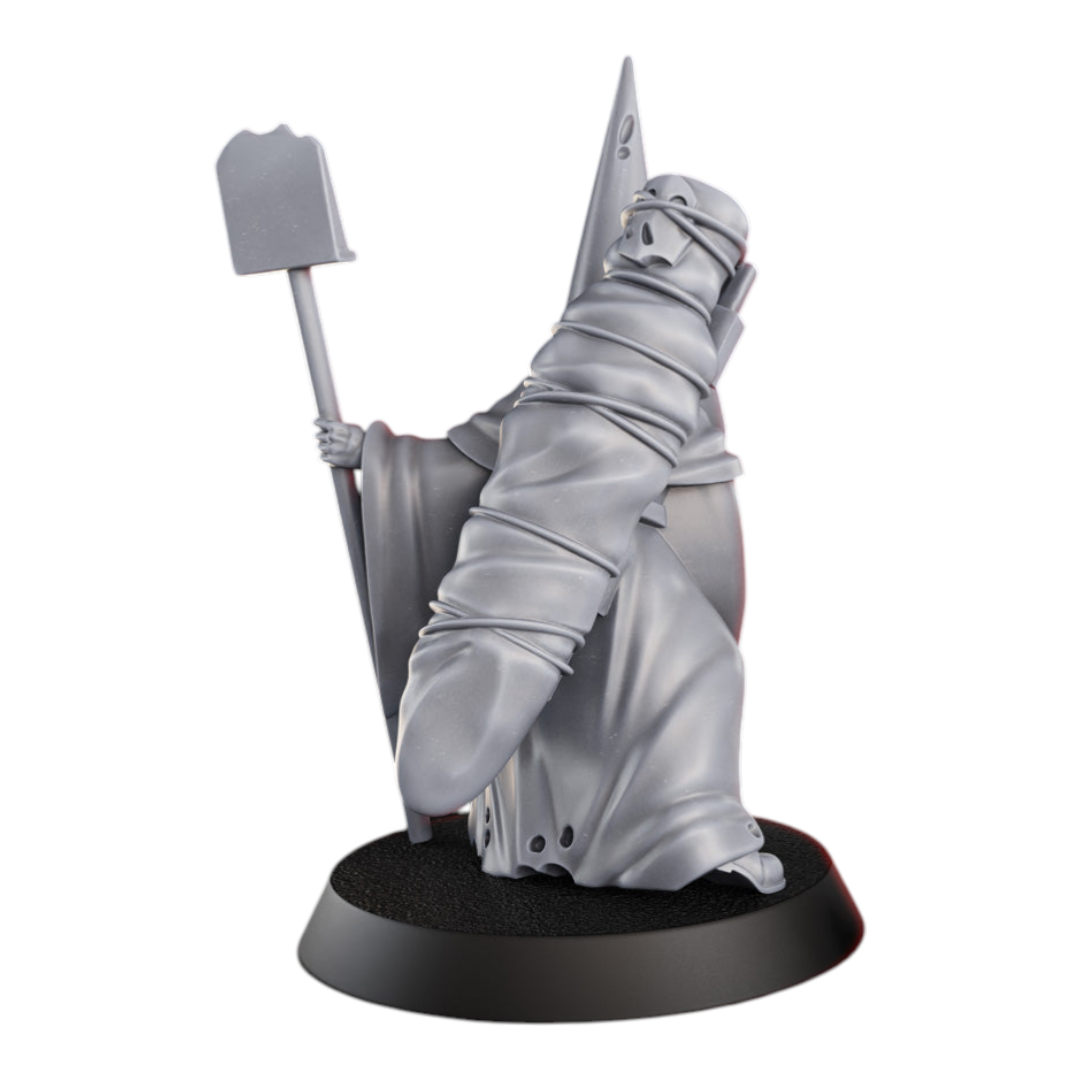 CT Miniatures UK Gravekeeper miniature, a grim figure in robes holding a shovel and a flag, 32mm scale.