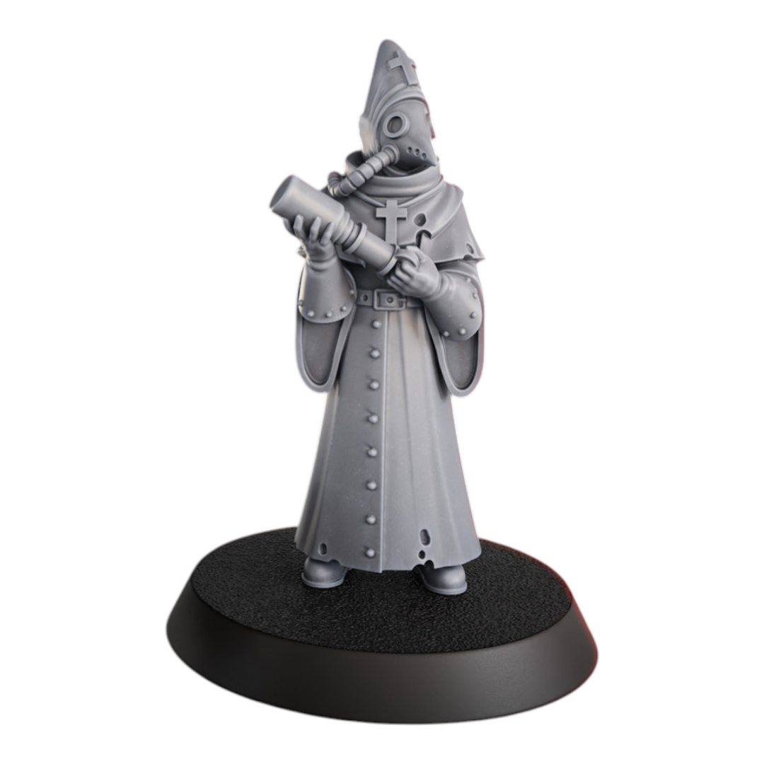 CT Miniatures UK Hospitaller miniature, a grey resin figure with a mask, robe, and holding a medical injector.