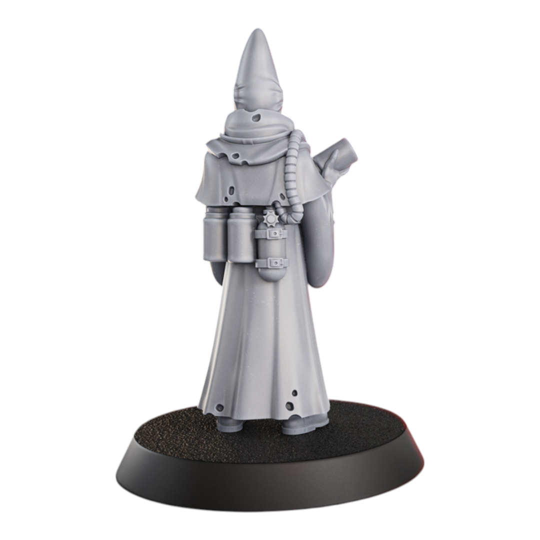 CT Miniatures UK Hospitaller miniature, grey resin, 34mm height, wearing a hooded robe with attached medical equipment and a sacred injector.
