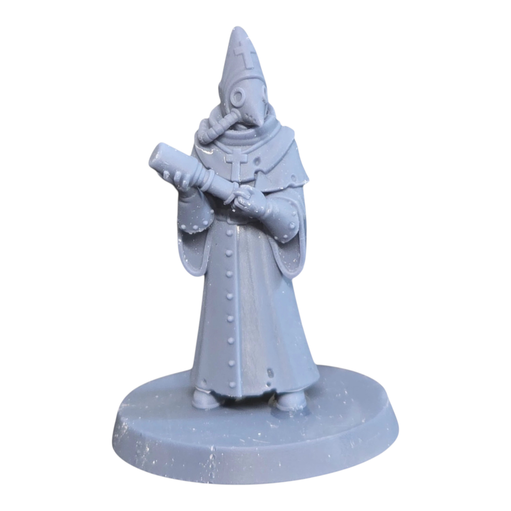 CT Miniatures UK Hospitaller miniature, a grey resin figure with a plague doctor mask and cross emblem, holding a syringe.