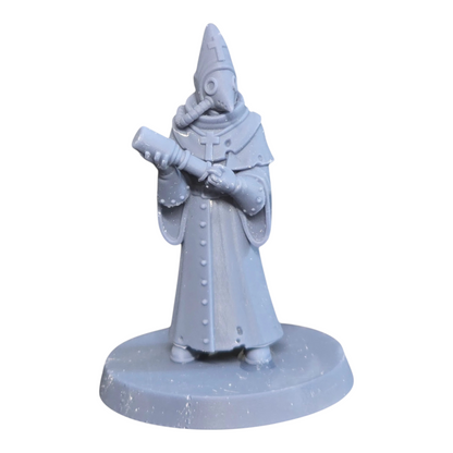 CT Miniatures UK Hospitaller miniature, a grey resin figure with a plague doctor mask and cross emblem, holding a syringe.