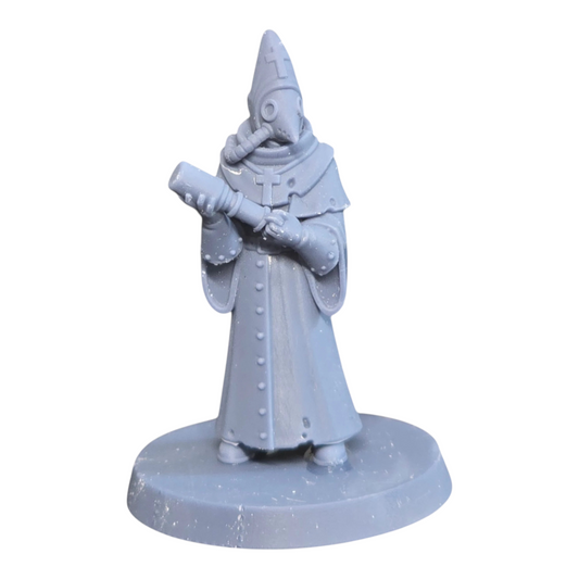 CT Miniatures UK Hospitaller miniature, a grey resin figure with a plague doctor mask and cross emblem, holding a syringe.