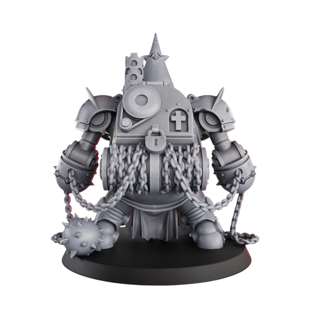 CT Miniatures UK Jaula de Castigo miniature, a grey resin, mechanical golem with chains and mace, 69mm height.