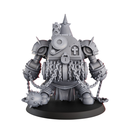 CT Miniatures UK Jaula de Castigo miniature, a grey resin, mechanical golem with chains and mace, 69mm height.