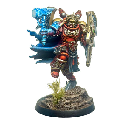 CT Miniatures UK CL Jetpack Captain miniature with ornate wings, jetpack, power hammer, and shield. Red and blue armour.