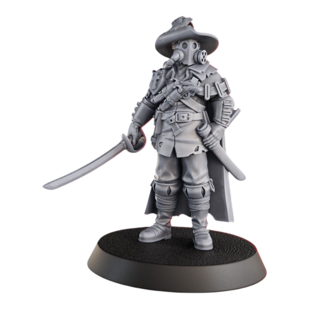 CT Miniatures UK The Musketeer miniature, a grey resin figure with a gas mask, hat, sword, and pistols.
