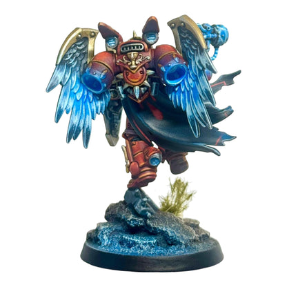 CT Miniatures UK red and gold space marine captain with feathered wings and jetpack, holding a hammer and shield.