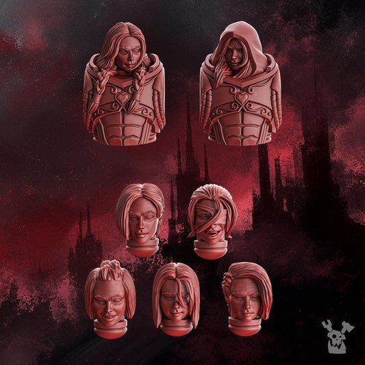 Female Heads Set (x5 Heads + 2x Torso+Heads) • Bits • Crimson Wings • DakkaDakka.store • Tabletop Wargaming Miniature Grim-Dark Sci-Fi Proxy