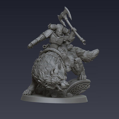 Space Viking Captain on Storm Wolf - Cyberbrush 3D - Tabletop Wargaming Miniature Grim-Dark Sci-Fi Proxy